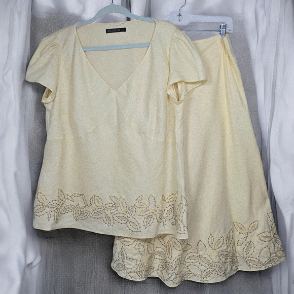 Lafayette 148 New York Linen‎ Skirt Set Leaf Embroidery Women's Size 14 Yellow